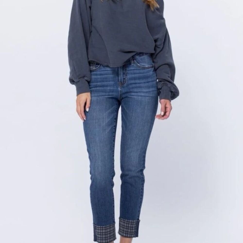 NEW Judy Blue Plaid Print Cuff Slim Fit Jeans